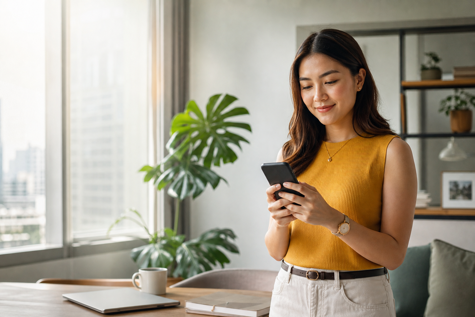 A Filipina professional calmly using her phone at home
